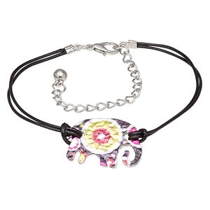 Bracelet, mylar / waxed cotton cord / imitation rhodium-plated steel / "pewter" (zinc-based alloy), black and multicolored, 28x19mm elephant with circle design, 8 inches with 3-inch extender chain and lobster claw clasp. Sold individually.