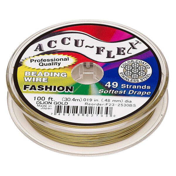 Beading wire, Accu-Flex&reg;, nylon and stainless steel, Dijon gold, 49 strand, 0.019-inch diameter. Sold per 100-foot spool. image number 0