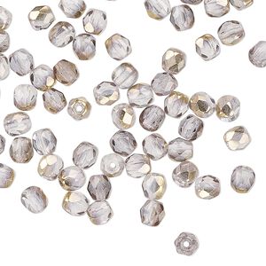 Czech fire-polished glass 1pkg100, faceted round bead half-coated opaque clear / metallic gold 4mm