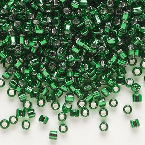 Seed bead, Dyna-Mites&trade;, glass, silver-lined translucent emerald green, #8 round with square hole. Sold per 40-gram pkg.