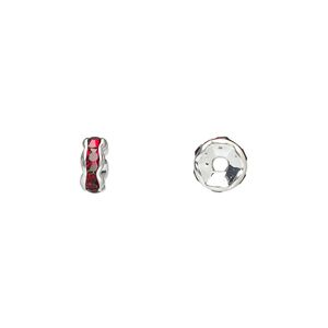 Bead 1pkg10 silver-plated, 6x3mm rondelle, brass / garnet red rhinestone