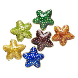 Bead mix 1pkg6 gold-finished, 18mm cloisonn&eacute; starfish, copper / enamel mixed colors
