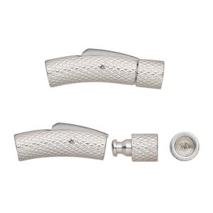 Clasp bullet 1pkg1, 29.5x7mm knurled curved round tube / push release / fits 5mm cord, stainless steel 1-strand
