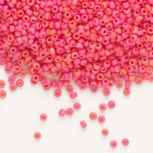 Seed bead, Miyuki, glass, pkg/25g, #11 rocaille, opaque matte rainbow coral, (RR-407FR).