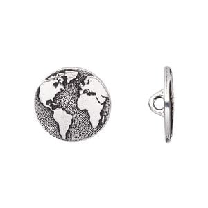 Button, TierraCast&reg;, antique silver-plated pewter (tin-based alloy), 16mm flat round with Earth and closed loop. Sold per pkg of 2.