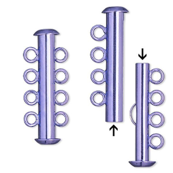 Clasp slide lock 1pkg2, 26x6mm tube, brass / electrocoated purple 4-strand image number 0