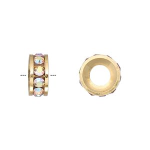 Bead 1pkg2 gold-finished, 12x5mm rondelle, brass / Czech crystal / crystal clear AB Dione&reg;