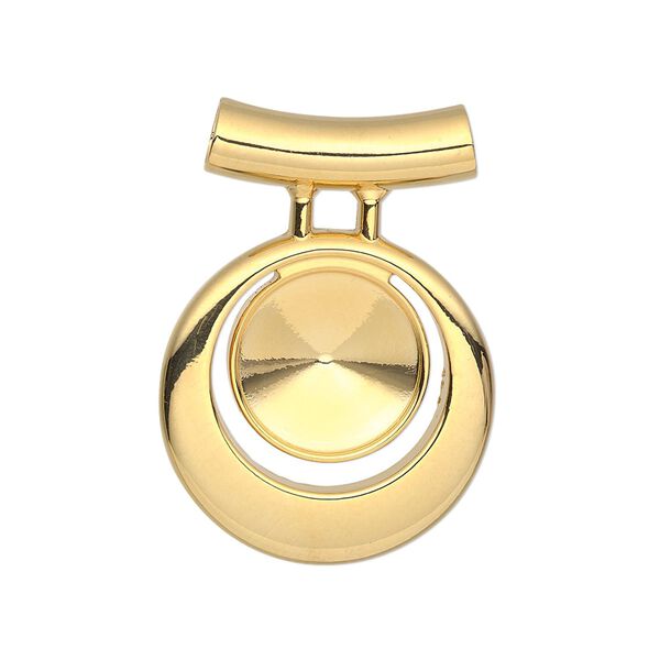 Pendant, Almost Instant Jewelry&reg;, gold-finished "pewter" (zinc-based alloy), 31x22mm single-sided round go-go, 3.5mm hole with 12mm rivoli setting and tube bail. Sold individually. image number 0