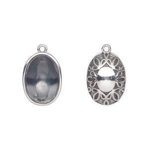 Drop, Almost Instant Jewelry&reg;, antiqued sterling silver, 16x11.5mm oval with 14x10mm oval setting and flourish design. Sold individually.