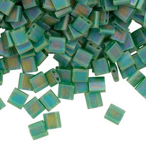 Seed bead, TILA&reg;, glass, pkg/10g, 5mm full tila square, translucent matte rainbow pistachio, (TL-146FR).