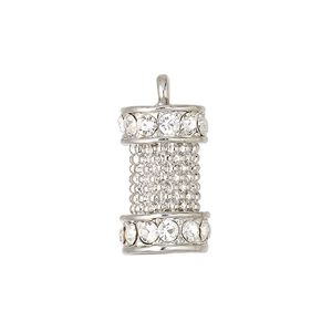 Cord end glue-in 1pkg1 rhodium-plated "pewter", 20x12mm round tube / 5.5mm inside diameter, glass rhinestone / clear / imitation