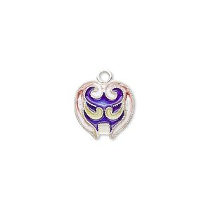 Drop, sterling silver with cloisonn&eacute;, blue, 14x12mm mask. Sold individually.