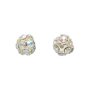 Bead 1pkg6 imitation rhodium-plated, 8mm round, brass / Egyptian glass rhinestone / clear AB