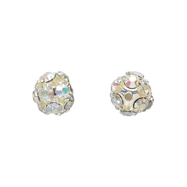 Bead 1pkg6 imitation rhodium-plated, 8mm round, brass / Egyptian glass rhinestone / clear AB image number 0