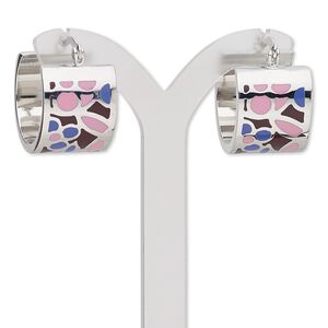 Earring, Avant-Garde Jewelry Collection, enamel and stainless steel, purple / lavender / pink, 22mm 3/4 round hoop with floral and dot design with latch-back closure. Sold per pair.