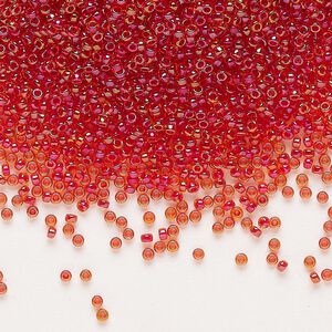 Seed bead, Miyuki, glass, pkg/35g, #15 rocaille, translucent scarlet-lined luster crystal clear (RR-3528).