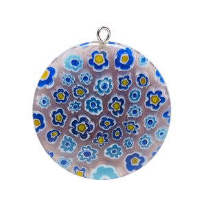 Focal, millefiori glass and silver-finished steel 1pkg1, translucent purple and multicolored, 30mm puffed flat round.