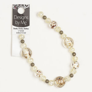 Bead assortment 1pkg27, antique brass-finished brass and glass, mixed colors with silver-colored foil, 6-16mm mixed round.