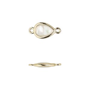 Link, mother-of-pearl shell and gold-finished brass (assembled) 1pkg4, 10.5x7mm-11.5x8mm double-sided teardrop.