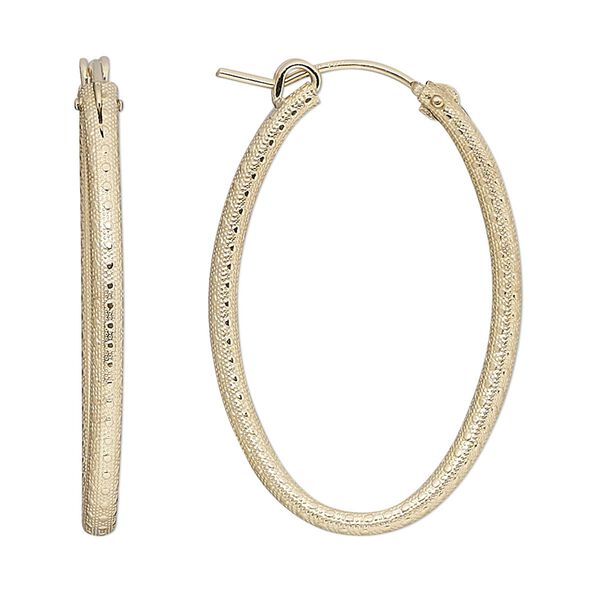 Earring hoop 1pkg2 14Kt gold-filled, 34mm textured oval / latch-back, 1 pair image number 0