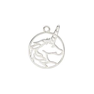Charm Amoracast&reg; 1pkg1 sterling silver, 18x14.5mm 2-sided open unicorn head round