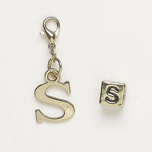 Bead and charm 1pkg2, antique gold-finished "pewter" (zinc alloy) / steel / enamel, black, 7mm cube with alphabet letter "S" and 12x11mm alphabet letter "S" with lobster claw clasp.