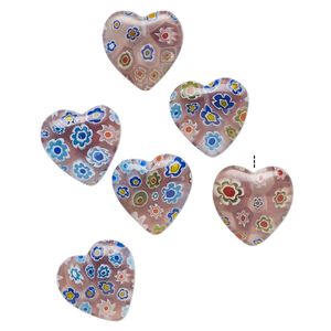 Bead, millefiori glass, translucent light purple and multicolored, 17-20mm half-drilled puffed heart. Sold per pkg of 6.