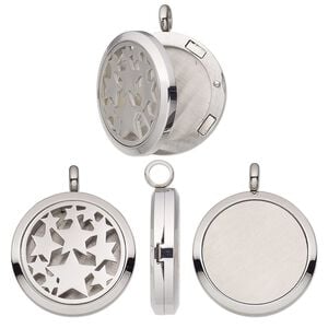 Pendant, stainless steel, 37x30mm single-sided hinged round locket with cutout stars and magnetic closure. Sold individually.