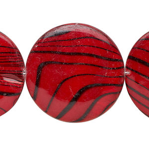 Mother-of-pearl shell 1pkg1, puffed flat round / black stripe bead 15 inch red 29-30mm