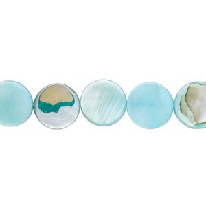 Mother-of-pearl shell 1pkg1, flat round bead 15.5 to 16 inch blue 10mm