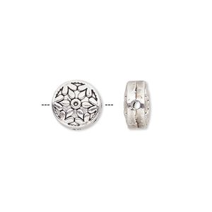 Bead 1pkg10 silver-finished "pewter", 10mm flat round snowflake / 2sided, antique
