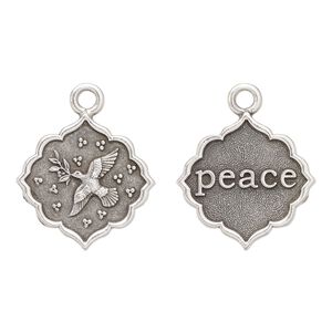 Drop, TierraCast&reg;, antique silver-plated pewter, 24.5mm 2-sided scalloped diamond with dove and "peace." Sold individually.