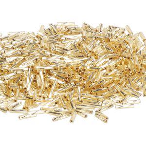 Bead, Miyuki, bugle bead, glass, pkg/50 g, 9x2mm center-drilled twisted, silver-lined translucent gold, (TW-3).