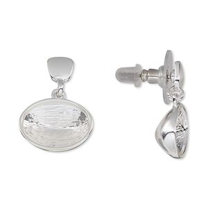 Earstud 1pkg2 Almost Instant Jewelry&reg; silver-plated "pewter" (zinc-based alloy), 21mm / 14x10mm oval glue-in setting / comfort clutch, brass / steel 1 pair