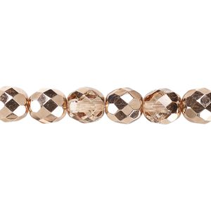 Bead, Czech fire-polished glass, clear with half-coat metallic apricot, 8mm faceted round. Sold per 15-1/2" to 16" strand.
