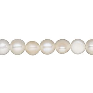 Pearl, cultured freshwater (bleached), white, 6-9mm semi-round, C grade, Mohs hardness 2-1/2 to 4. Sold per 15-1/2" to 16" strand.