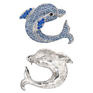 Brooch, glass rhinestone and imitation rhodium-plated "pewter" (zinc-based alloy), blue / light blue / black, 43x42mm dolphin. Sold individually.