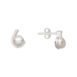 Earstud, Create Compliments&reg;, cultured freshwater pearl (dyed) / cubic zirconia / rhodium-plated sterling silver, silver and clear, 11x8mm. Sold per pair.