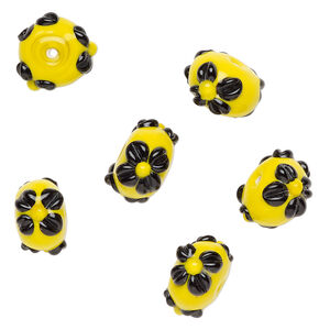 Bead, lampworked glass 1pkg6, opaque yellow / black, 18x11mm rondelle with flowers.