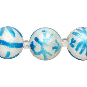 Bead, glass 1pkg8, opaque white and turquoise blue, 16mm hand-painted round.