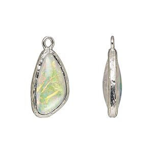 Drop, Opalized Ice&trade;, "opal" (resin) and imitation rhodium-finished brass, opaque white, 19.5x11mm double-sided wing. Sold per pkg of 4.