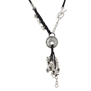 Necklace, antique silver-plated "pewter" (zinc-based alloy) and suede, black, 32 inches with 38-inch drape and toggle clasp. Sold individually.