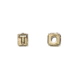 Bead 1pkg4 gold-plated pewter, 8x6mm rectangle / letter T, antique Dione&reg;