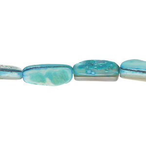 Mother-of-pearl shell 1pkg1, stick bead 15 inch light teal / silver 14x5mm-15x11mm