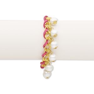 Bracelet, faux suede / glass pearl / gold-finished steel, pink and white, 9mm wide with 10mm round, 6-1/2 inches with toggle clasp. Sold individually.