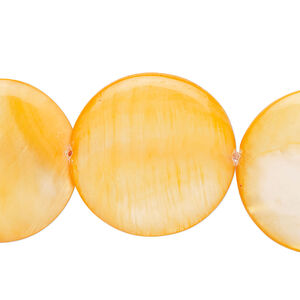 Mother-of-pearl shell 1pkg1, puffed flat round bead 15 inch dark orange 23-25mm