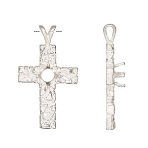 Pendant, Sure-Set&trade;, sterling silver, 30.5x17.5mm cross with 6mm pre-notched 4-prong round setting. Sold individually.