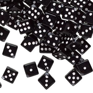 Bead, acrylic, opaque black and white, 6mm diagonally drilled six-sided dice, approximately 8mm stringing length. Sold per pkg of 200.