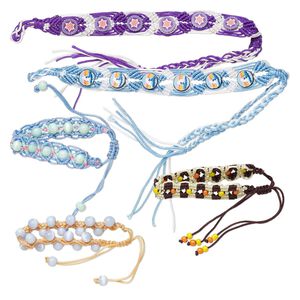 Bracelet, Just for Fun, nylon / glass / polymer clay, mixed colors, 13-16mm wide with flower / rainbow / wave design, 6-9 inches with macram&eacute; closure and tie closure. Sold per pkg of 5.