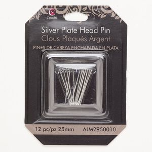 Head pin 1pkg12 silver-plated, 1 inch, 22 gauge brass